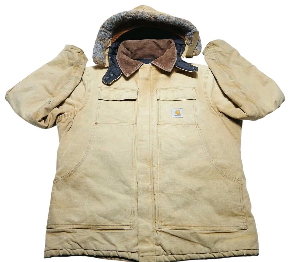 Vintage Carhartt Beige Canvas Work Wear Work Jacket Removable Hood- Fits Medium